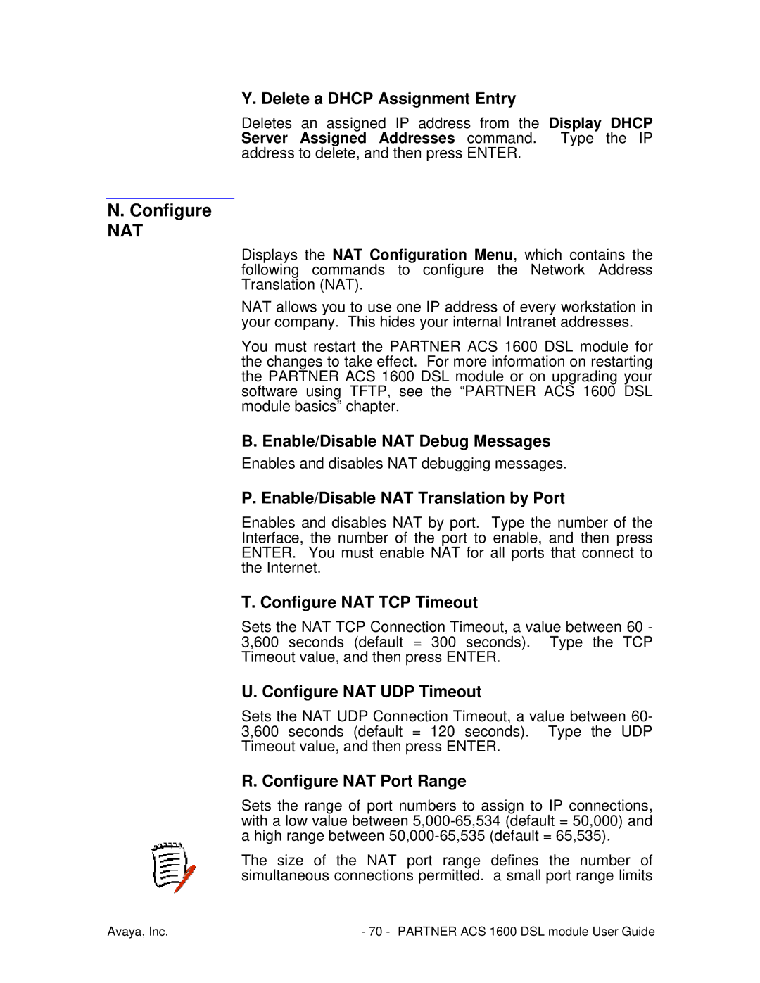 Avaya 1600 manual Delete a Dhcp Assignment Entry, Enable/Disable NAT Debug Messages, Enable/Disable NAT Translation by Port 