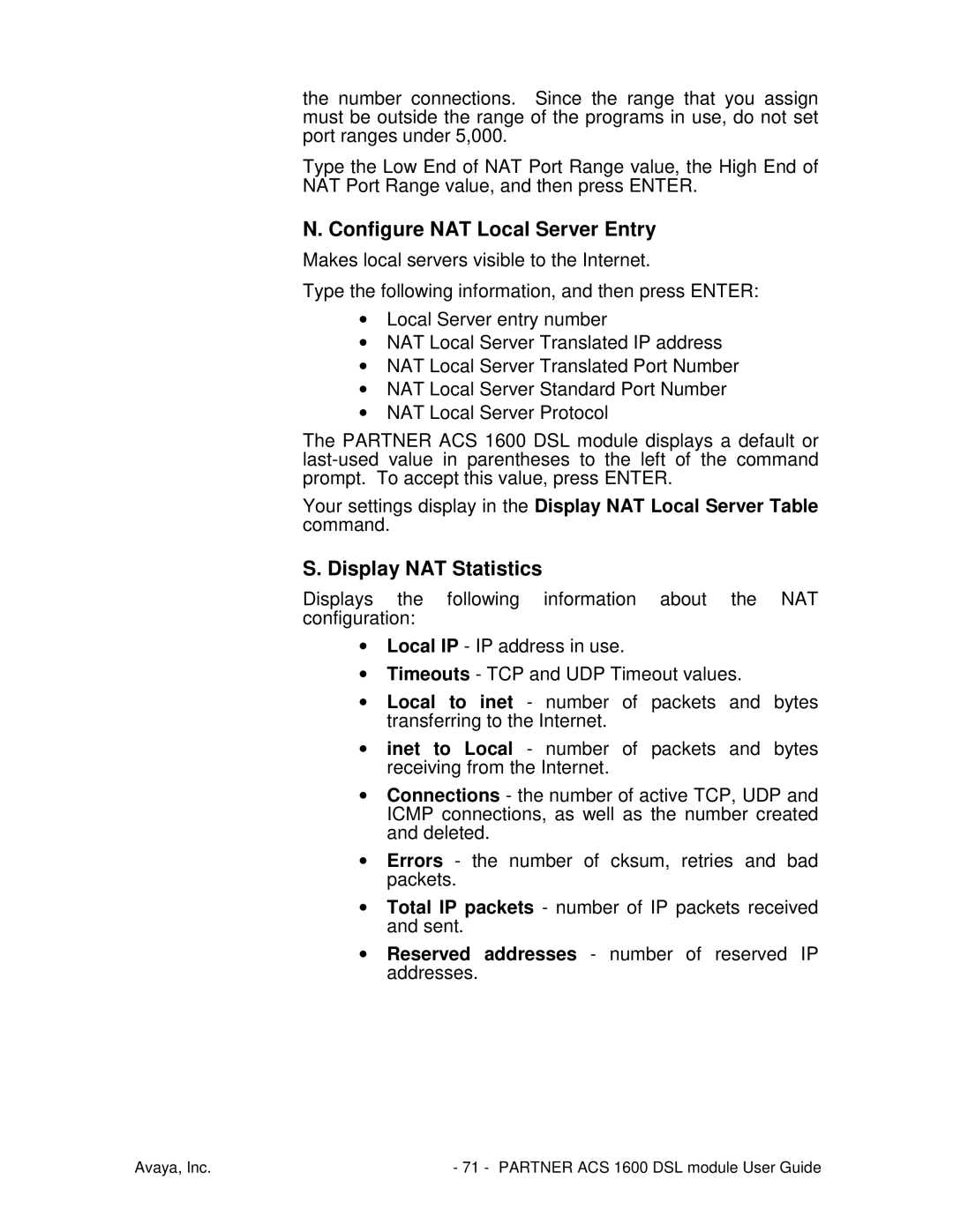 Avaya 1600 manual Configure NAT Local Server Entry, Display NAT Statistics 