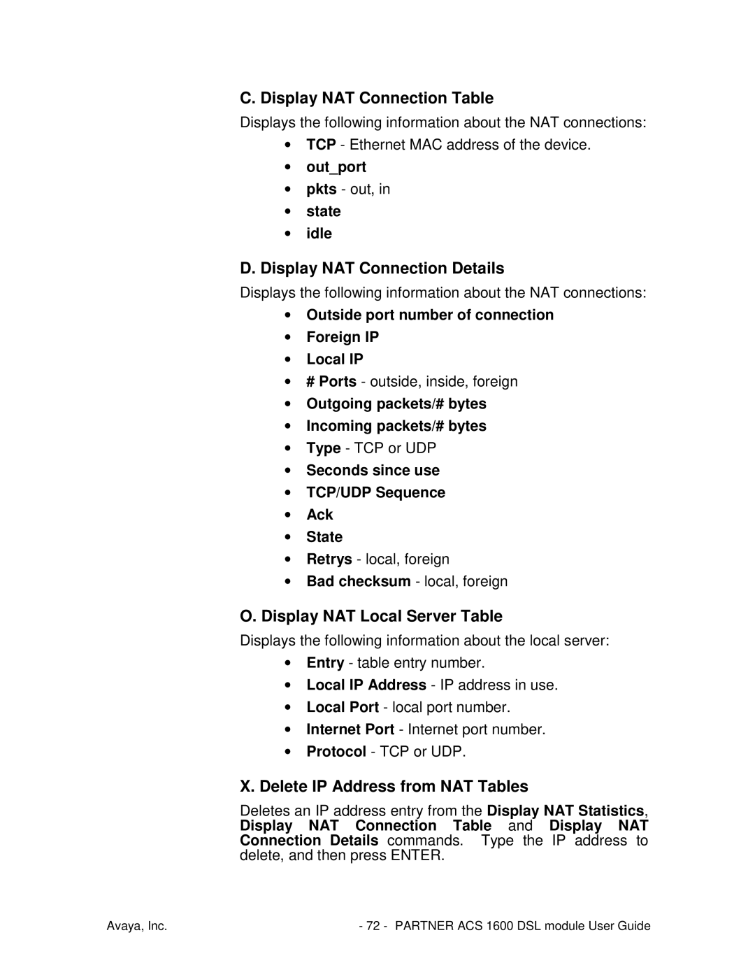 Avaya 1600 manual Display NAT Connection Table, Display NAT Connection Details, Display NAT Local Server Table 