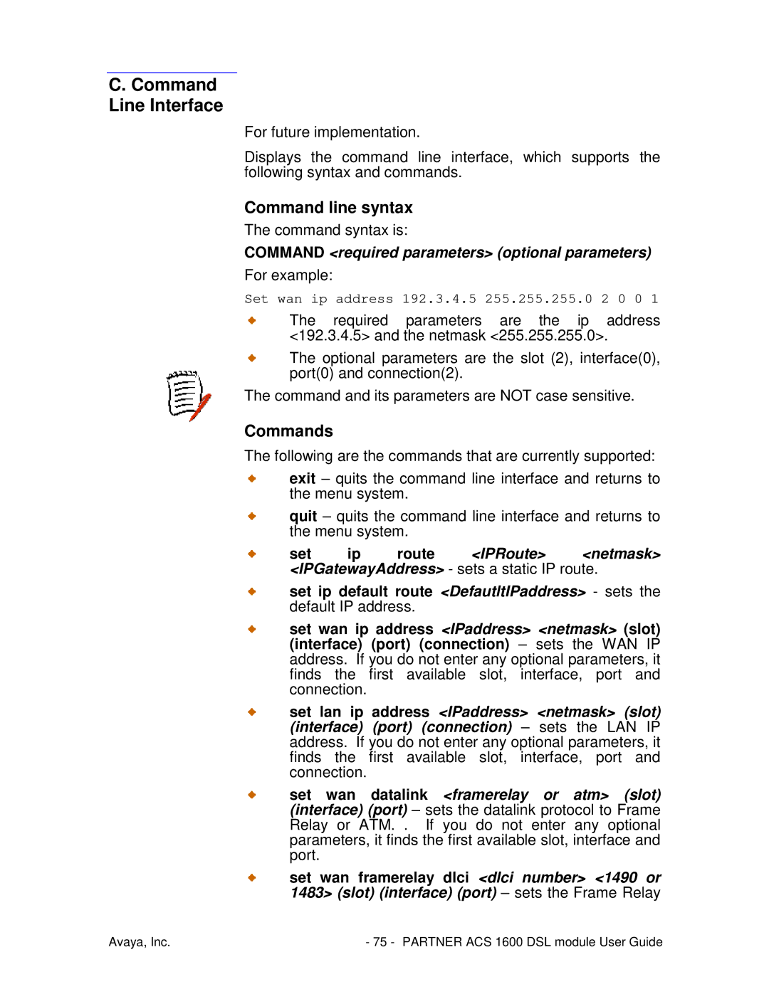 Avaya 1600 manual Command Line Interface, Command line syntax, Commands 