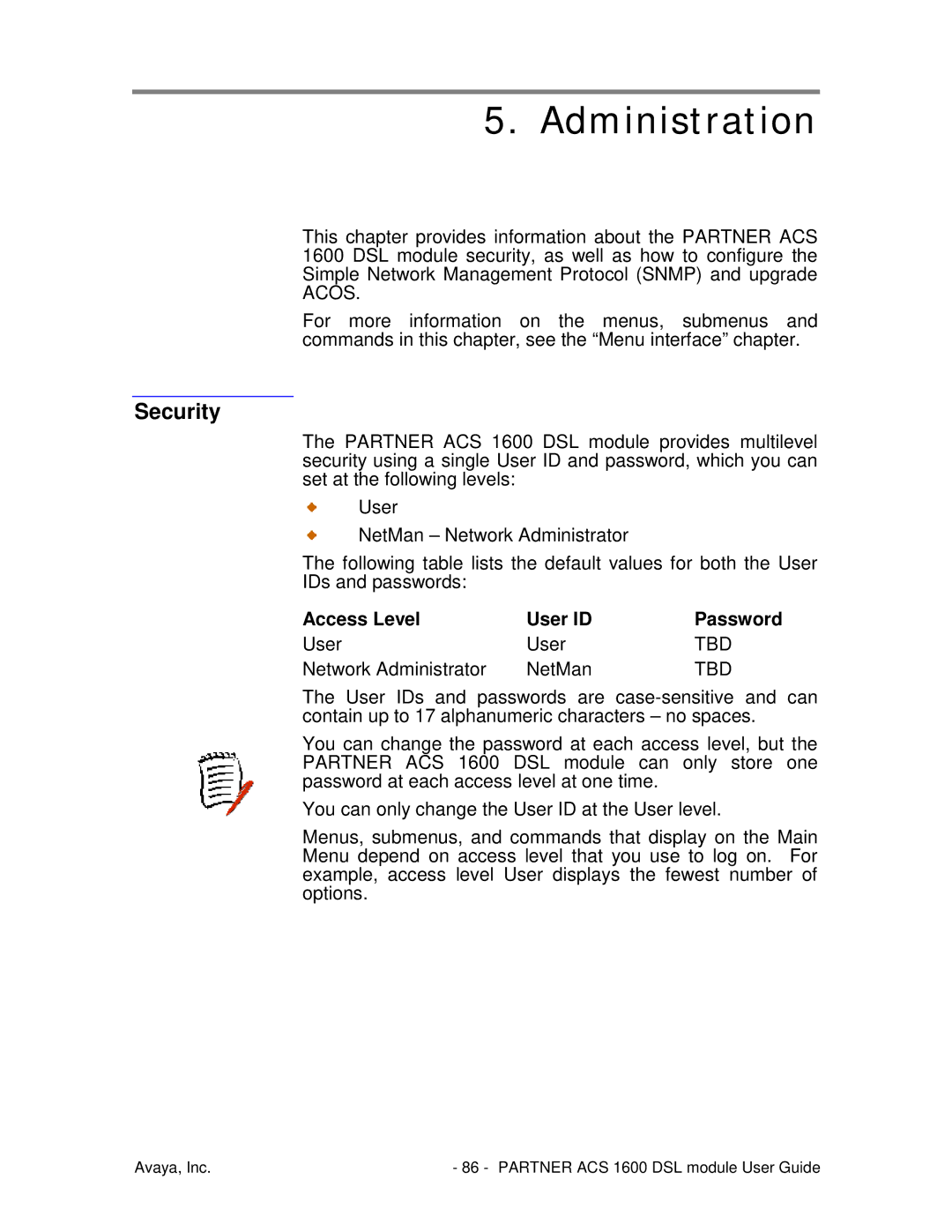 Avaya 1600 manual Administration, Security 