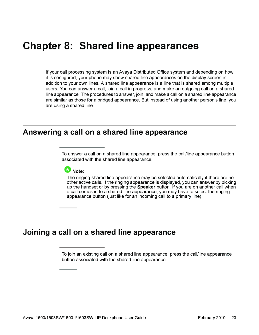 Avaya 1603SW, 1603-I manual Shared line appearances, Answering a call on a shared line appearance 