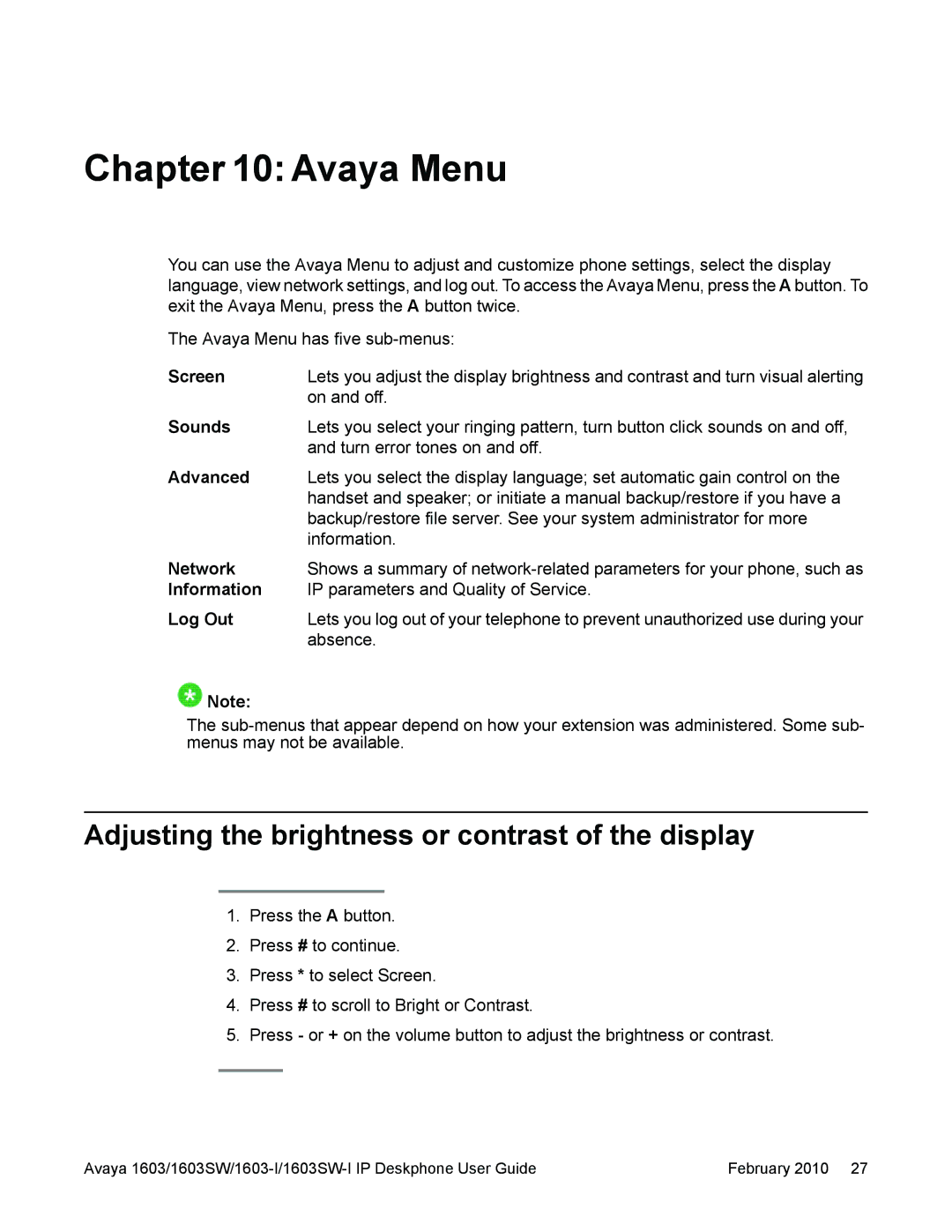 Avaya 1603SW, 1603-I manual Avaya Menu, Adjusting the brightness or contrast of the display 