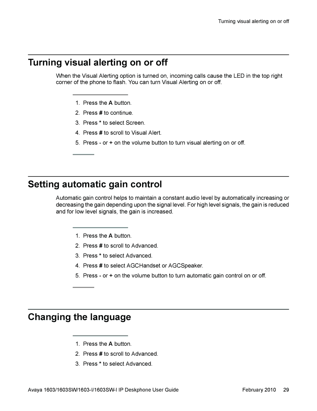 Avaya 1603SW, 1603-I manual Turning visual alerting on or off, Setting automatic gain control, Changing the language 