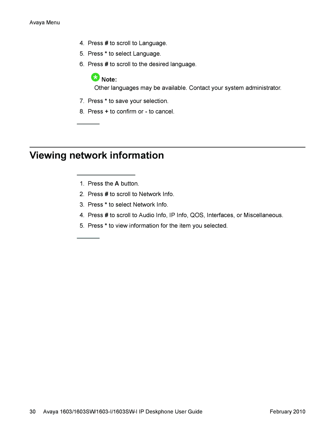 Avaya 1603-I, 1603SW manual Viewing network information 