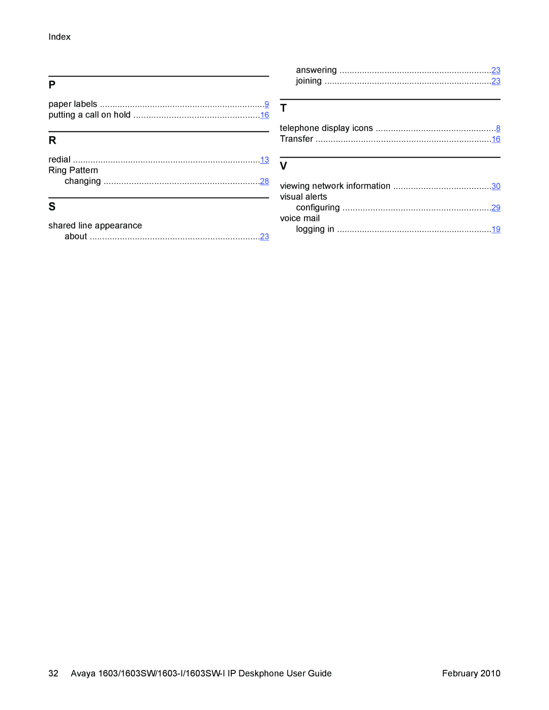 Avaya 1603-I, 1603SW manual Index 