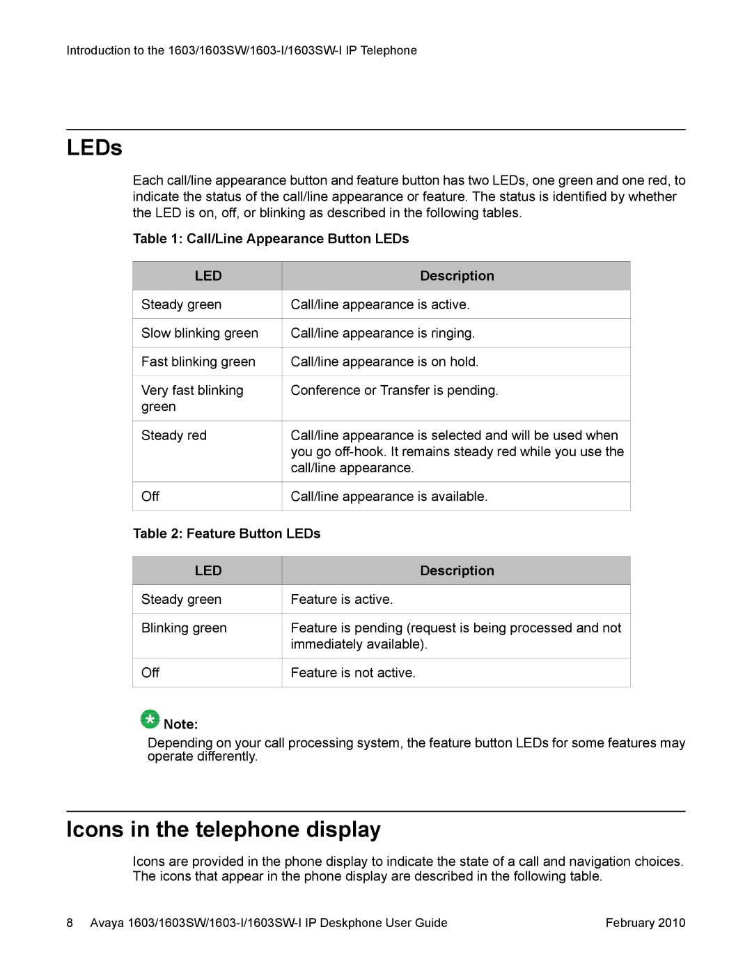 Avaya 1603-I, 1603SW manual LEDs, Icons in the telephone display 