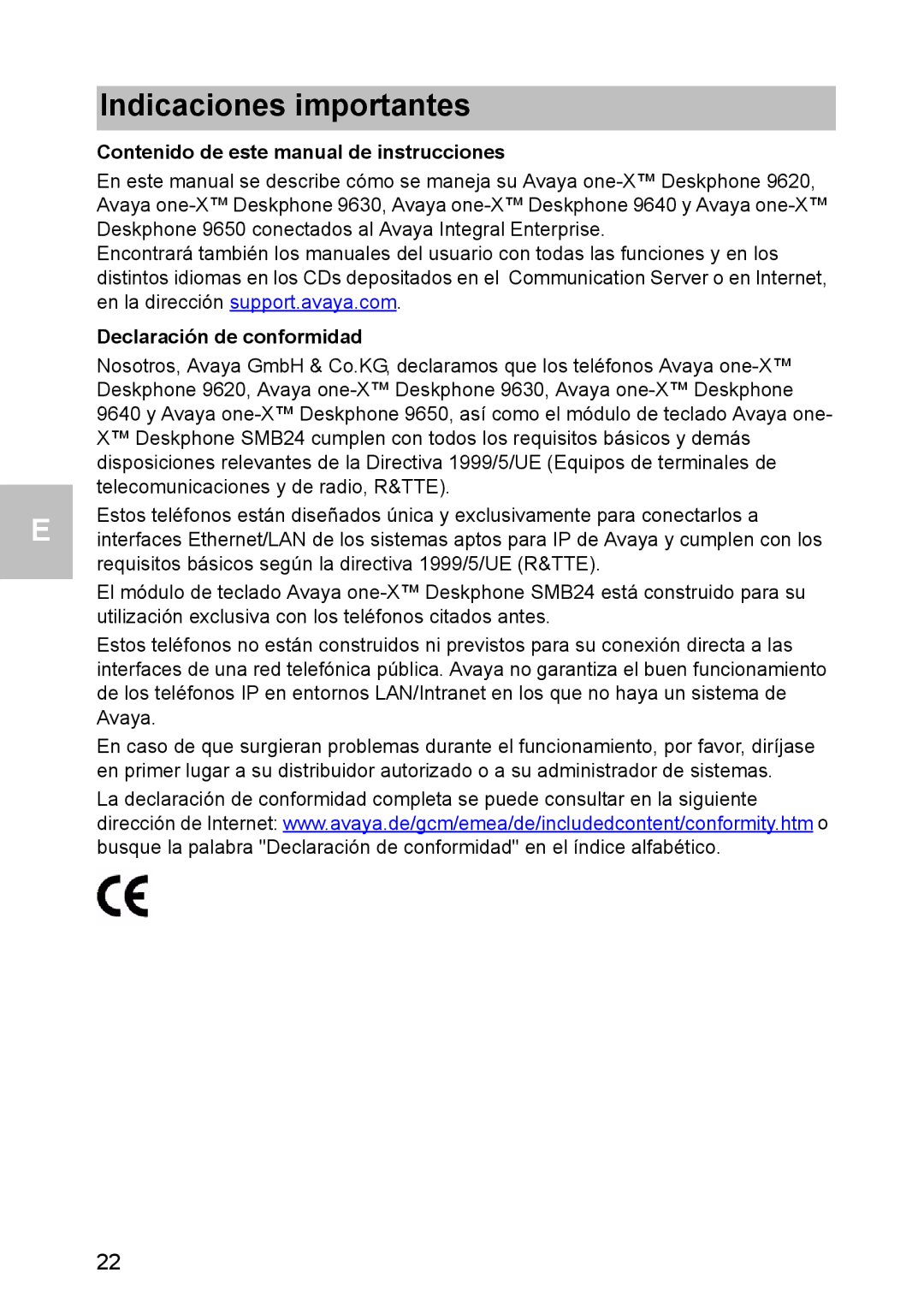 Avaya 1603 Indicaciones importantes, Contenido de este manual de instrucciones, Declaración de conformidad 