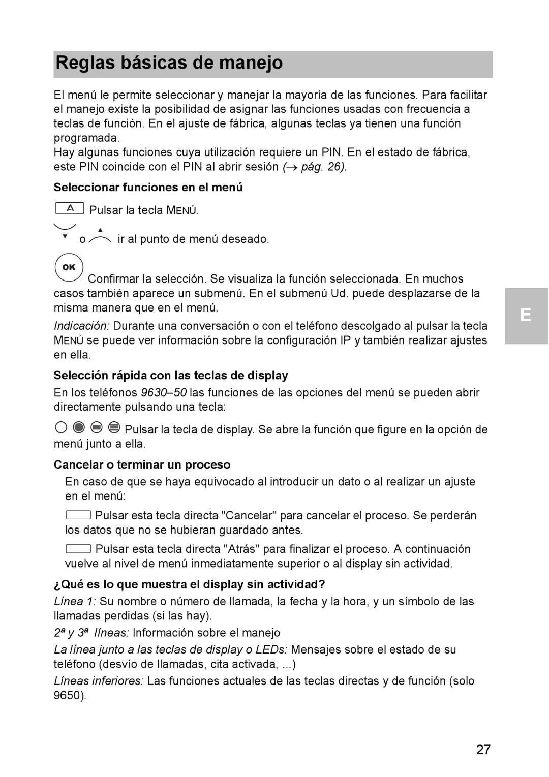 Avaya 1603 Reglas básicas de manejo, Seleccionar funciones en el menú, Selección rápida con las teclas de display 