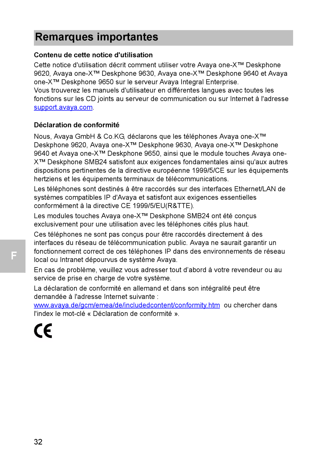 Avaya 1603 operating instructions Remarques importantes, Contenu de cette notice dutilisation, Déclaration de conformité 