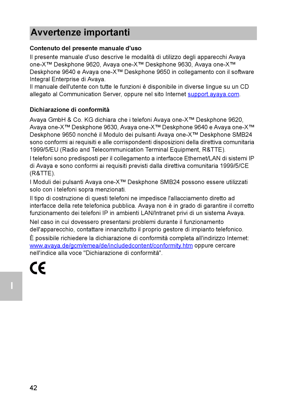 Avaya 1603 operating instructions Avvertenze importanti, Contenuto del presente manuale duso, Dichiarazione di conformità 