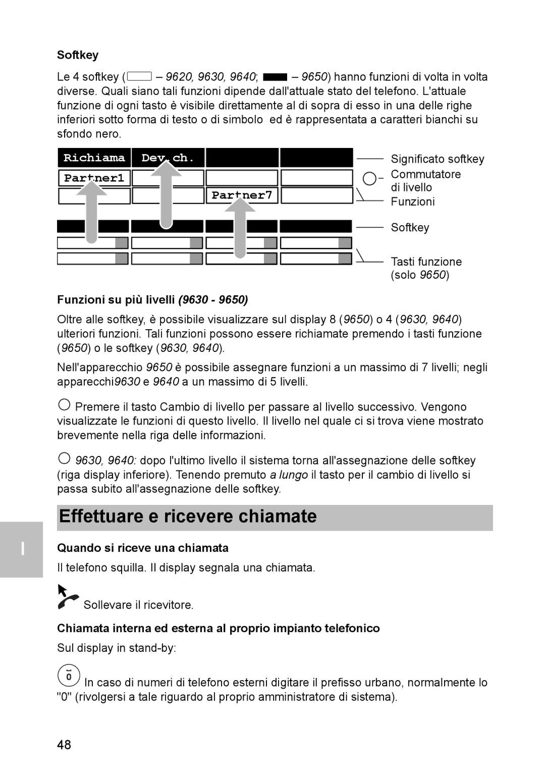 Avaya 1603 Effettuare e ricevere chiamate, Softkey, Funzioni su più livelli 9630, Quando si riceve una chiamata 