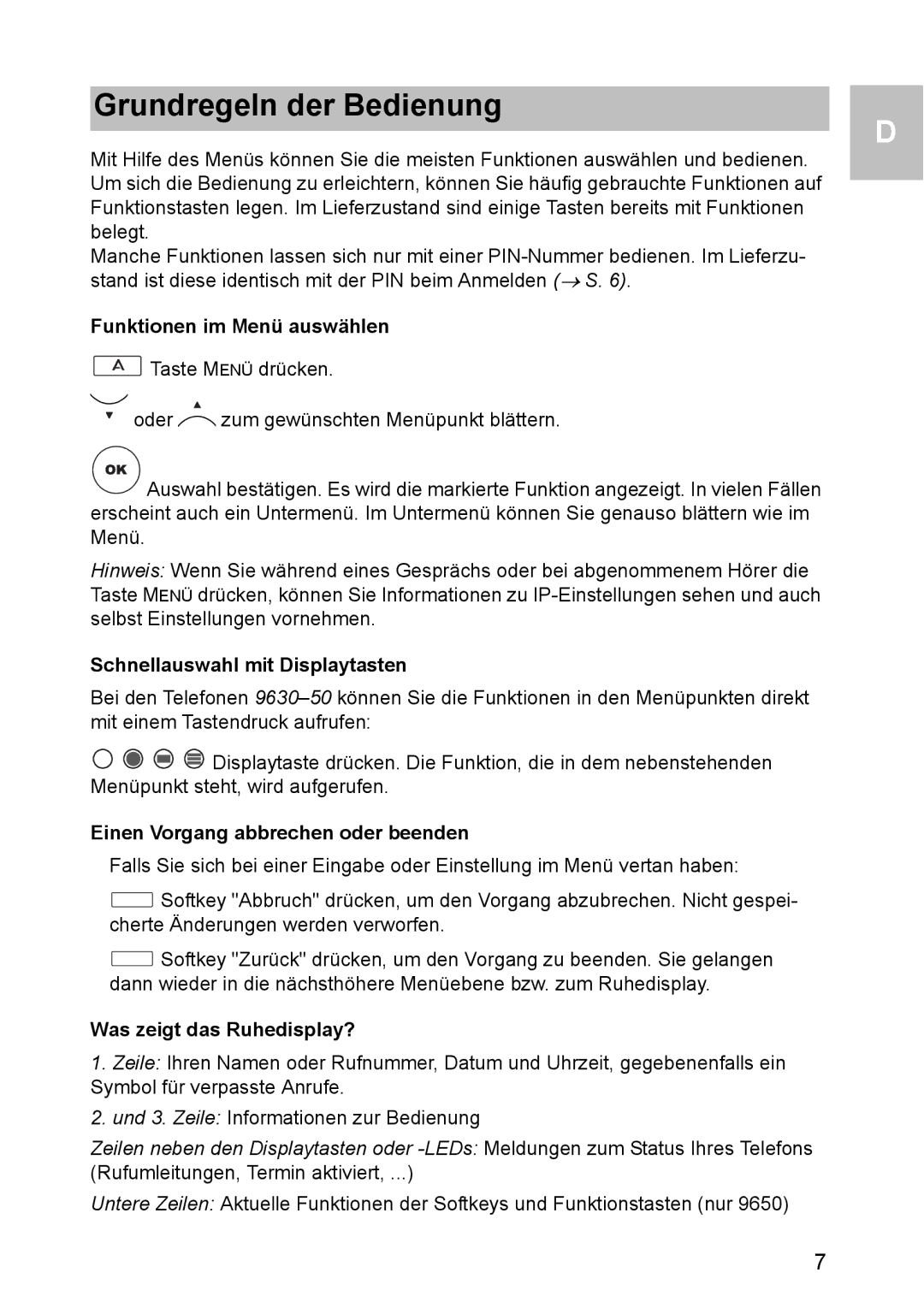 Avaya 1603 operating instructions Grundregeln der Bedienung, Funktionen im Menü auswählen, Schnellauswahl mit Displaytasten 