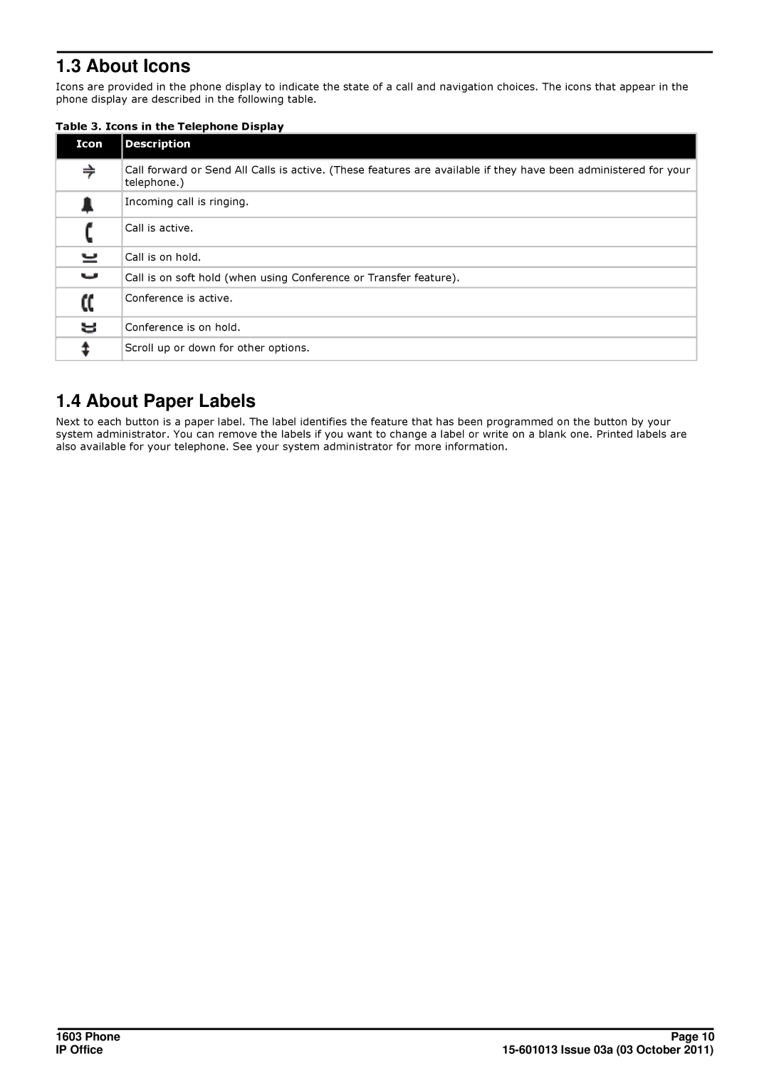 Avaya 1603 manual About Icons, About Paper Labels 