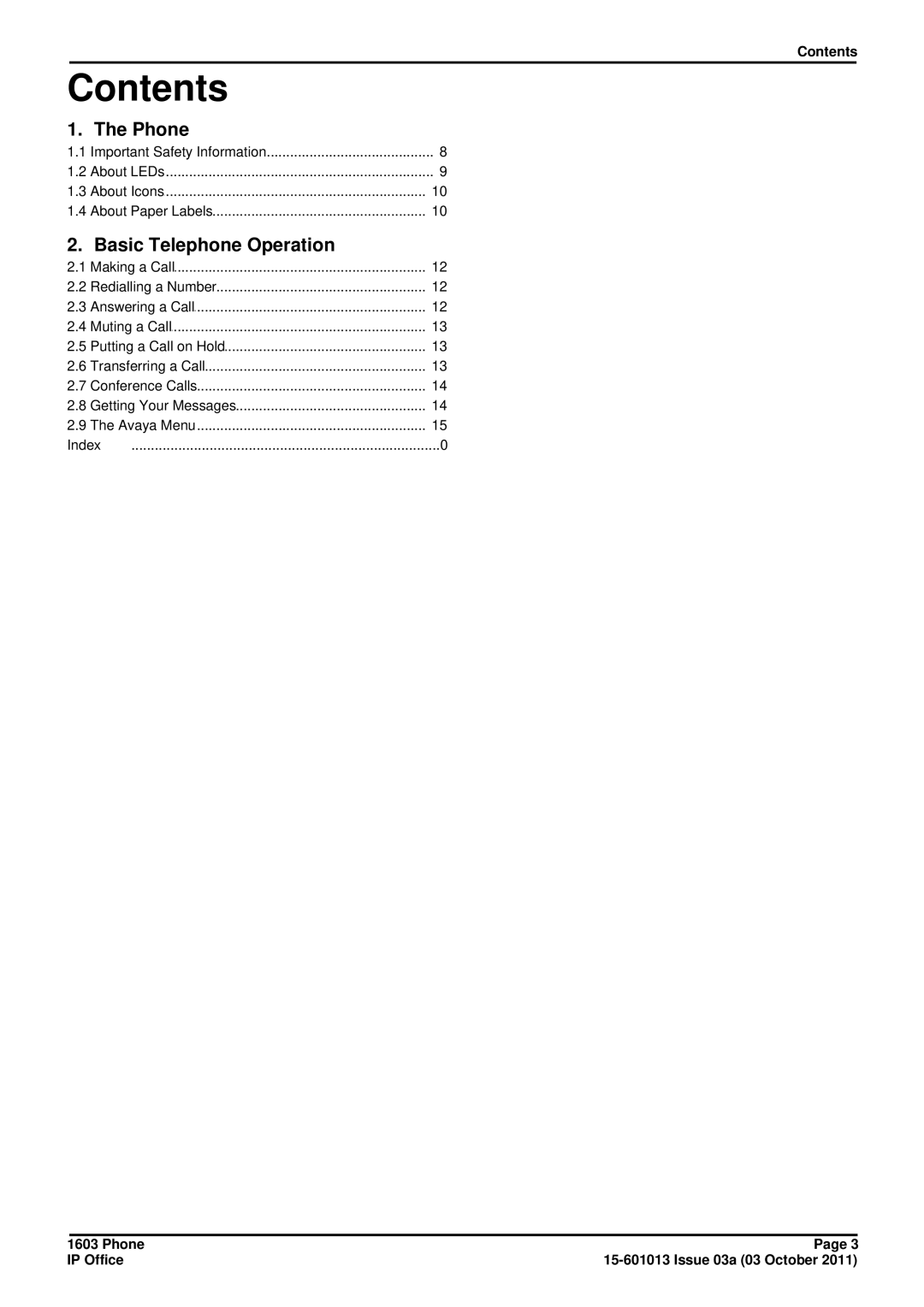 Avaya 1603 manual Contents 