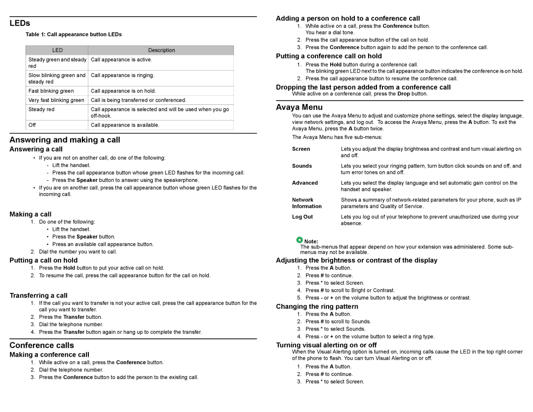 Avaya 1603SW-I manual LEDs, Avaya Menu, Answering and making a call, Conference calls 