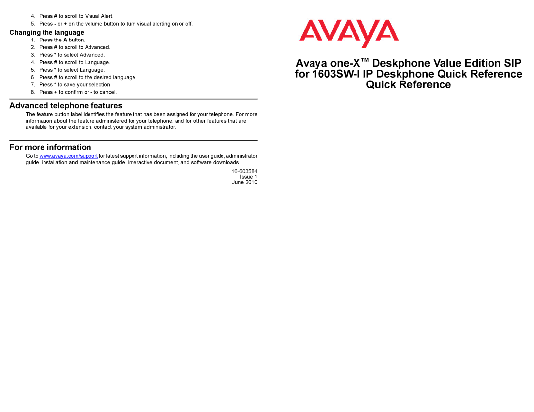 Avaya 1603SW-I manual Advanced telephone features, For more information, Changing the language 