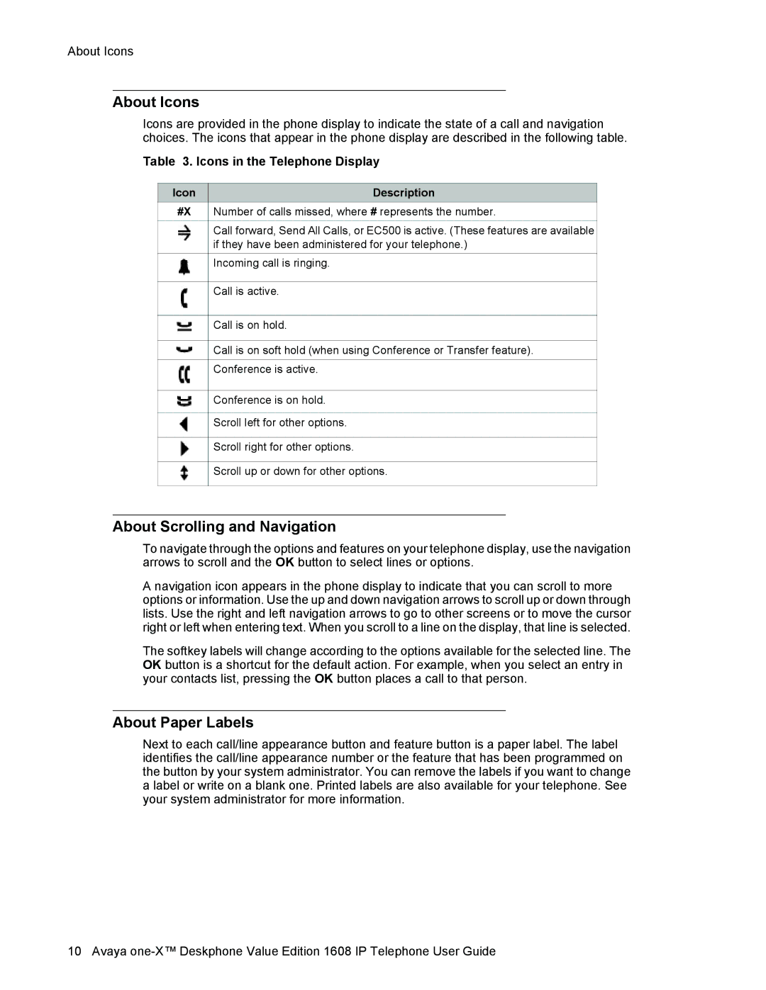 Avaya 1608 manual About Icons, About Scrolling and Navigation, About Paper Labels, Icons in the Telephone Display 