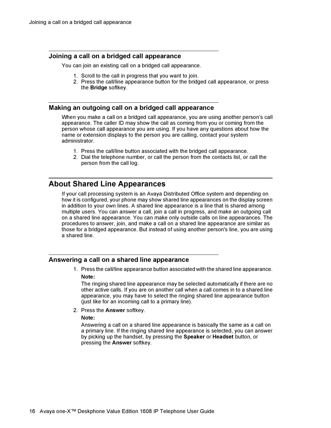 Avaya 1608 manual About Shared Line Appearances, Joining a call on a bridged call appearance 