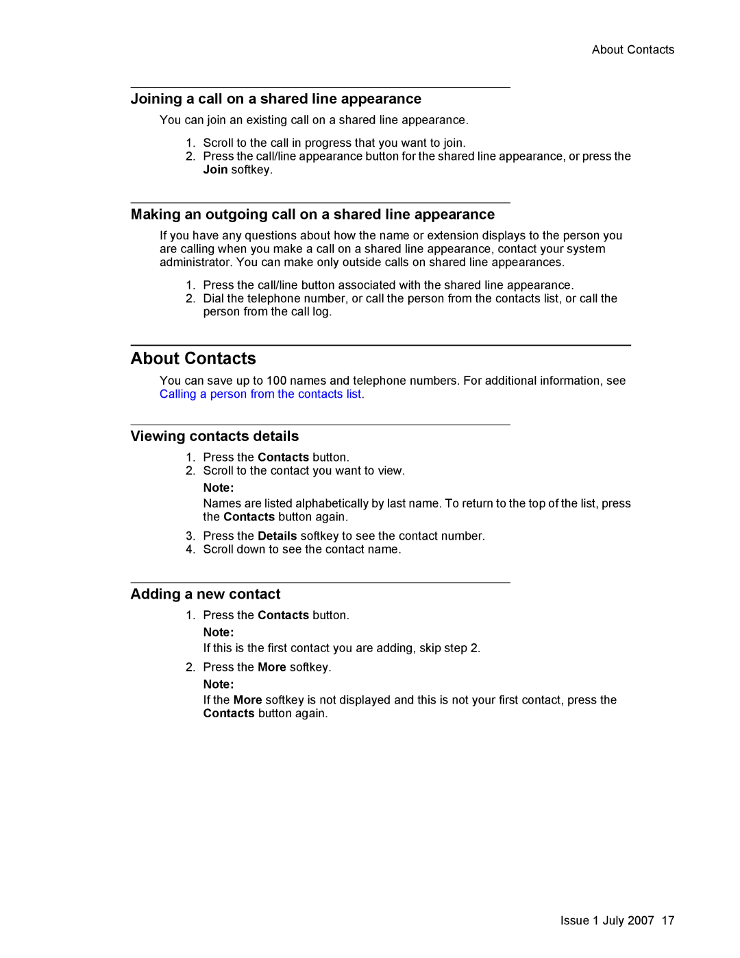 Avaya 1608 About Contacts, Joining a call on a shared line appearance, Making an outgoing call on a shared line appearance 