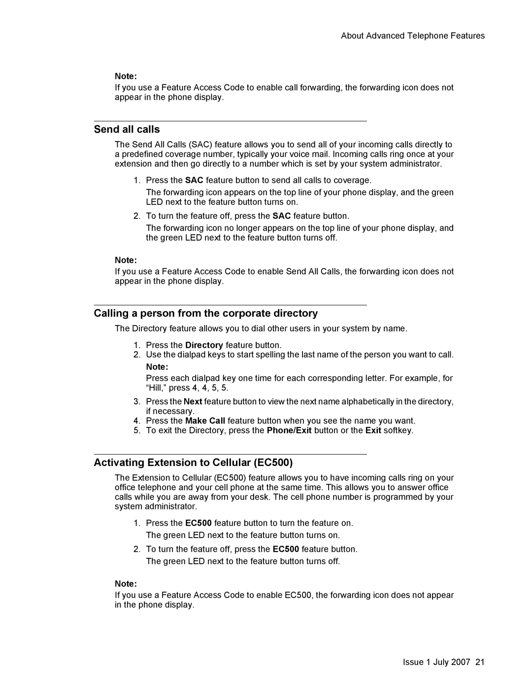 Avaya 1608 manual Send all calls, Calling a person from the corporate directory, Activating Extension to Cellular EC500 