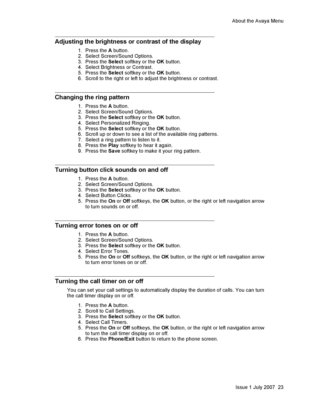 Avaya 1608 Adjusting the brightness or contrast of the display, Changing the ring pattern, Turning error tones on or off 