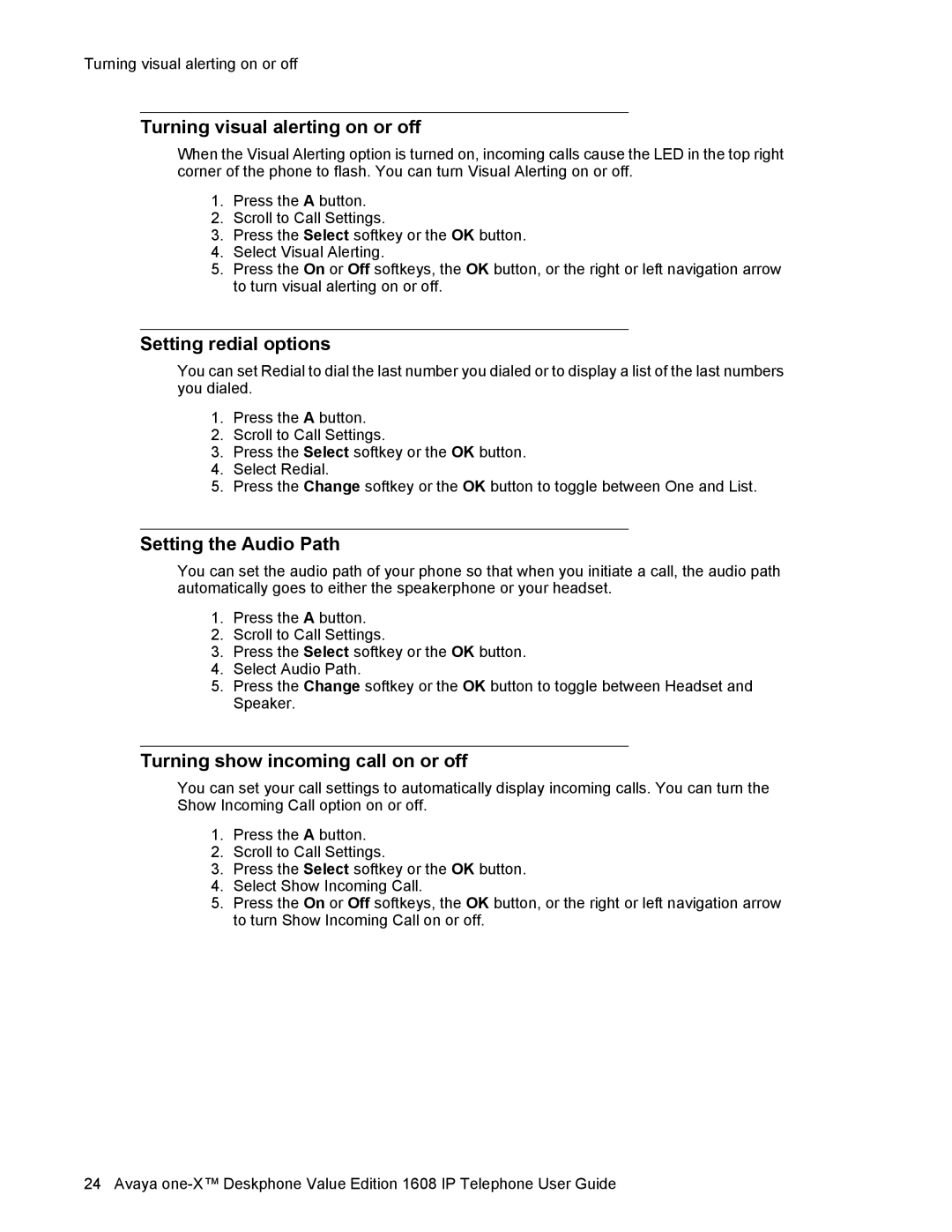 Avaya 1608 manual Turning visual alerting on or off, Setting redial options, Setting the Audio Path 