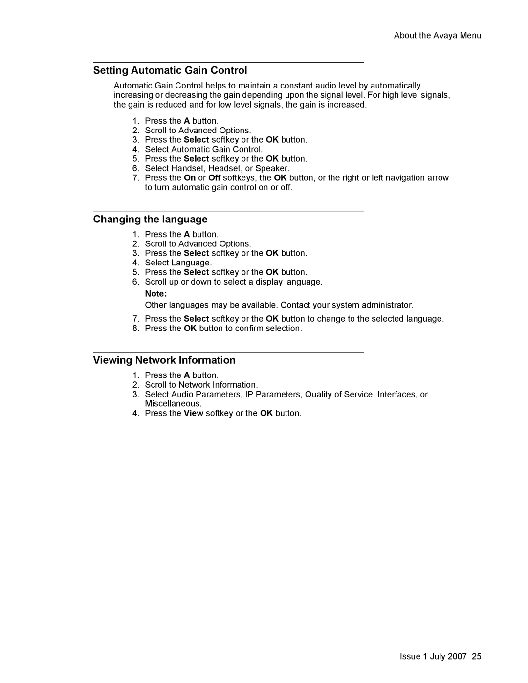 Avaya 1608 manual Setting Automatic Gain Control, Changing the language, Viewing Network Information 