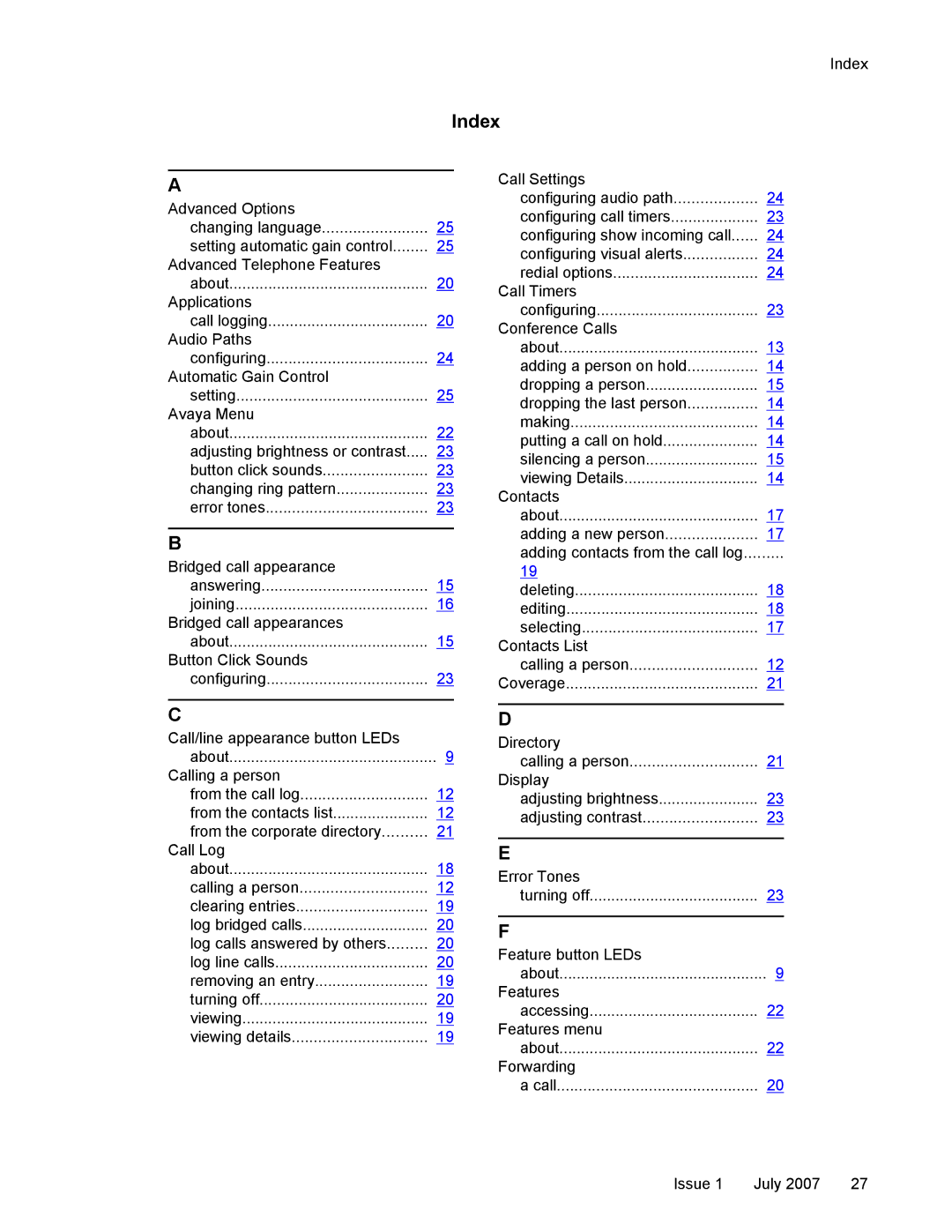 Avaya 1608 manual Index 