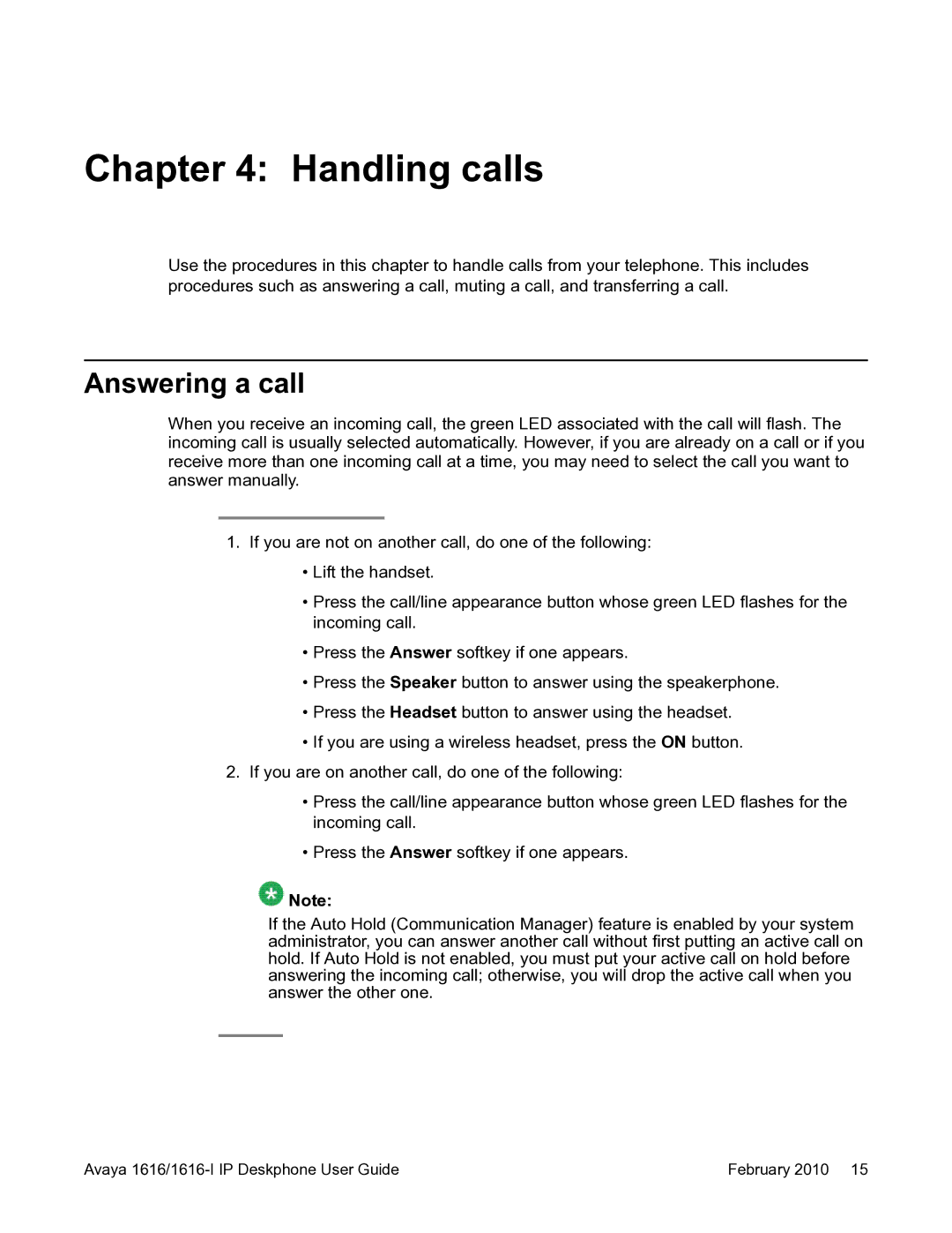 Avaya 1616-I manual Handling calls, Answering a call 