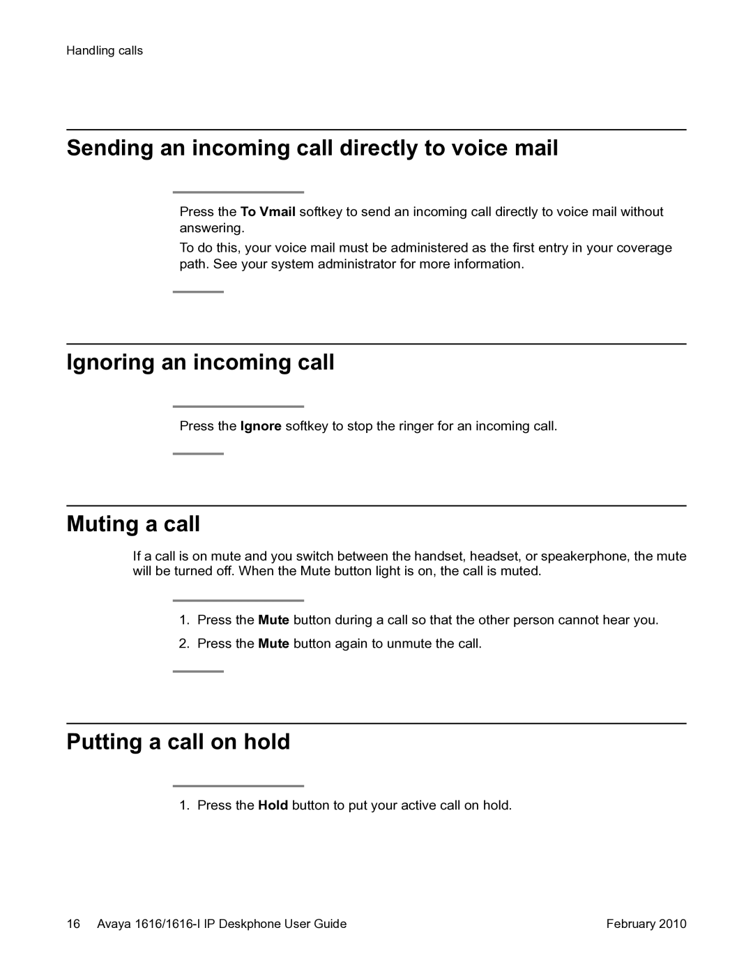 Avaya 1616-I manual Sending an incoming call directly to voice mail, Ignoring an incoming call, Muting a call 