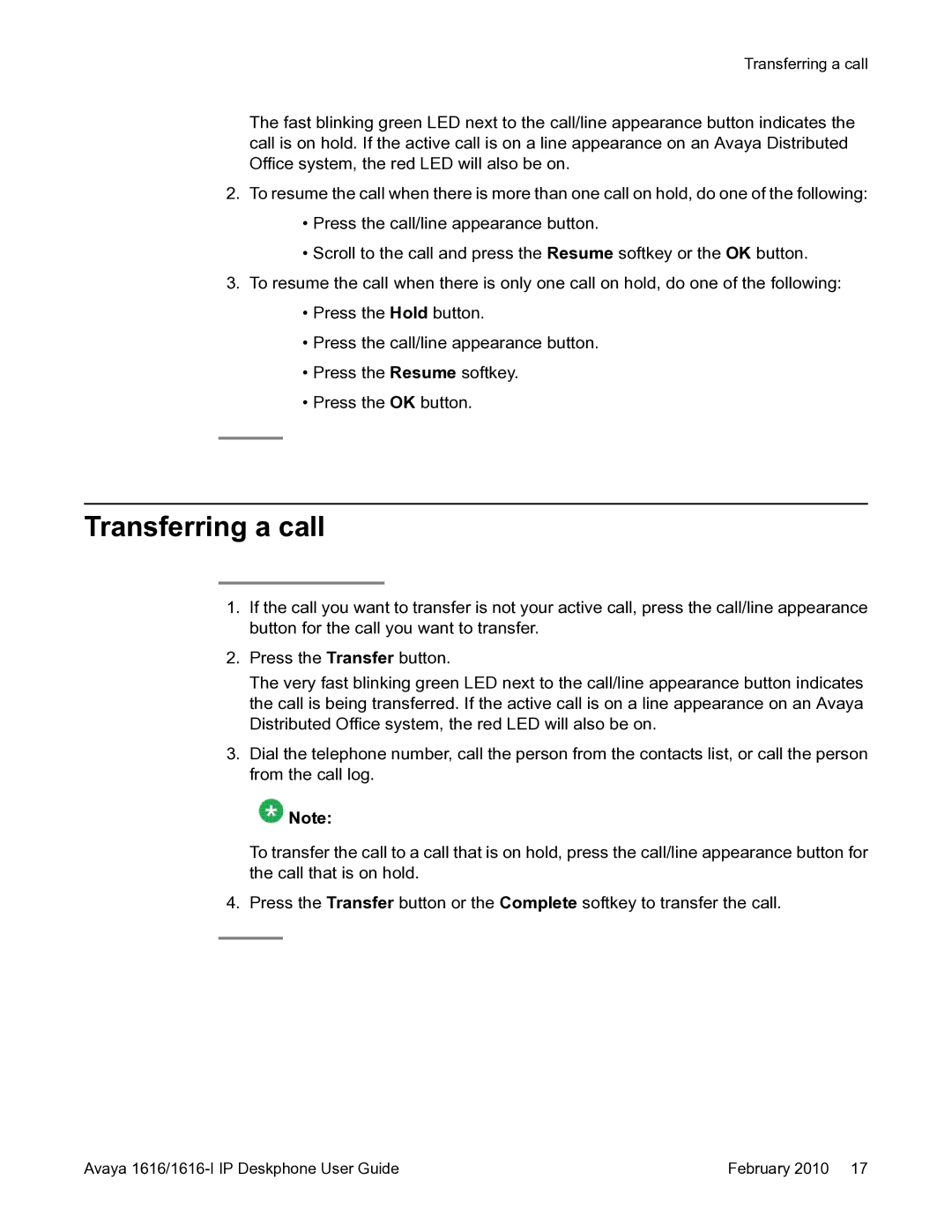 Avaya 1616-I manual Transferring a call 