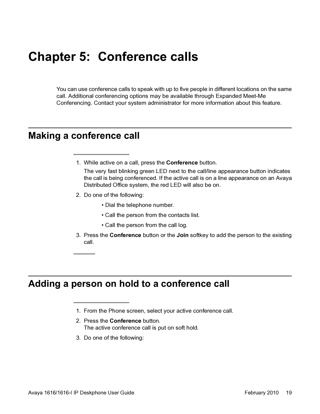 Avaya 1616-I manual Conference calls, Making a conference call, Adding a person on hold to a conference call 