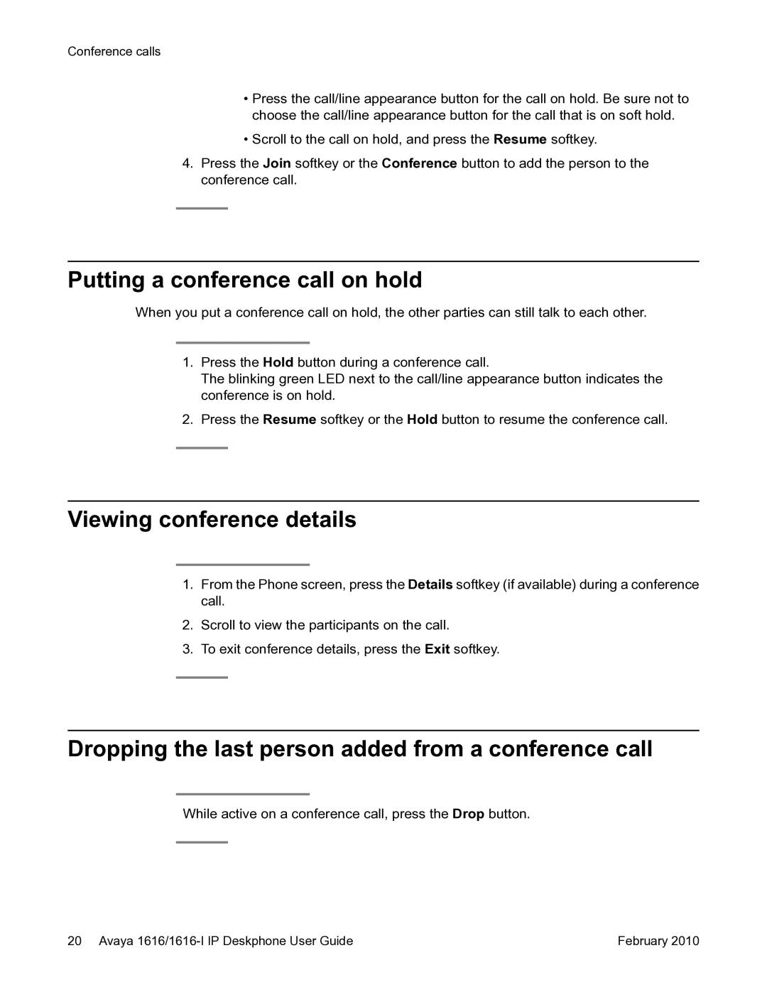 Avaya 1616-I manual Putting a conference call on hold, Viewing conference details 