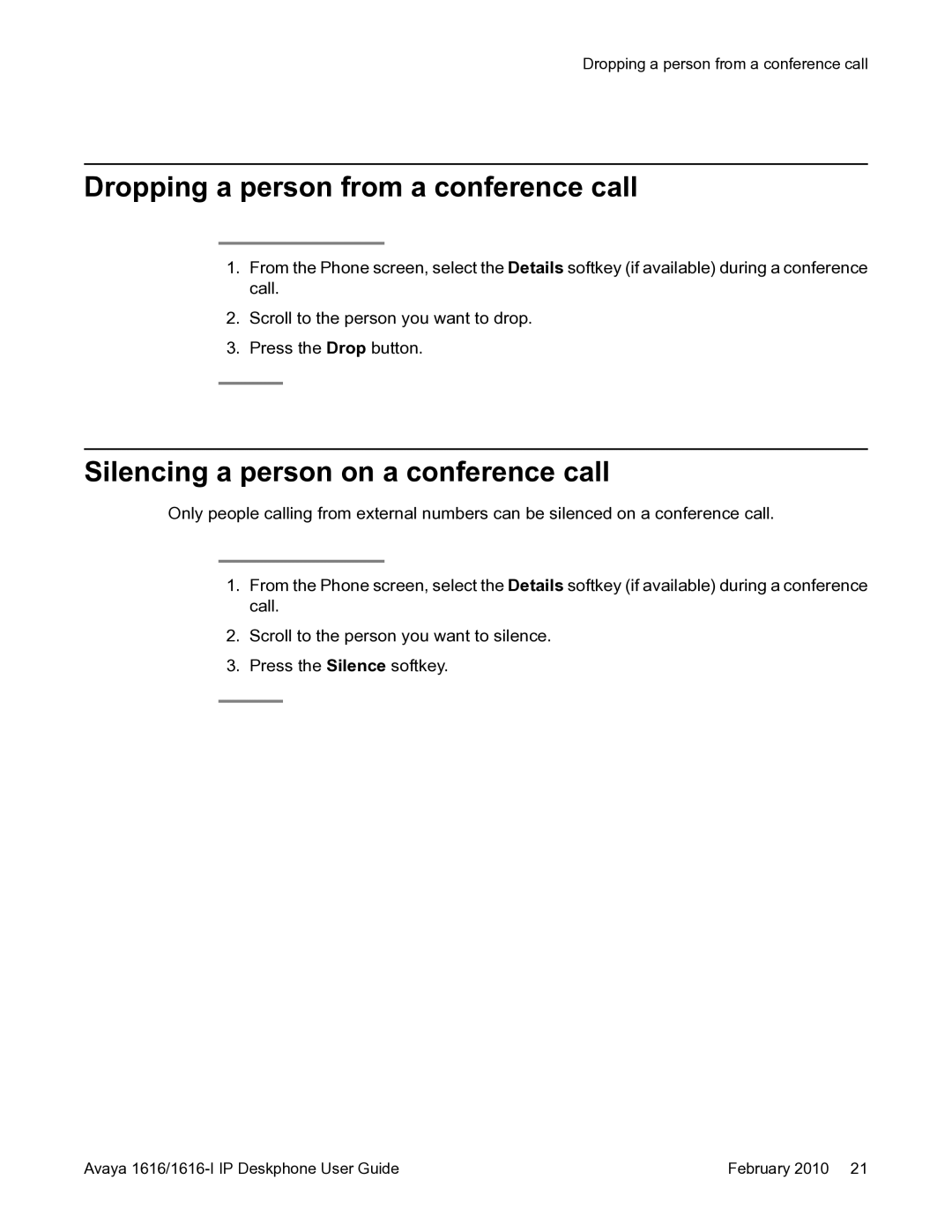 Avaya 1616-I manual Dropping a person from a conference call, Silencing a person on a conference call 