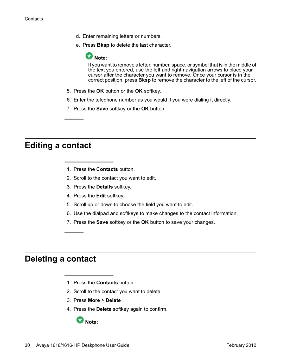 Avaya 1616-I manual Editing a contact, Deleting a contact, Press More Delete 