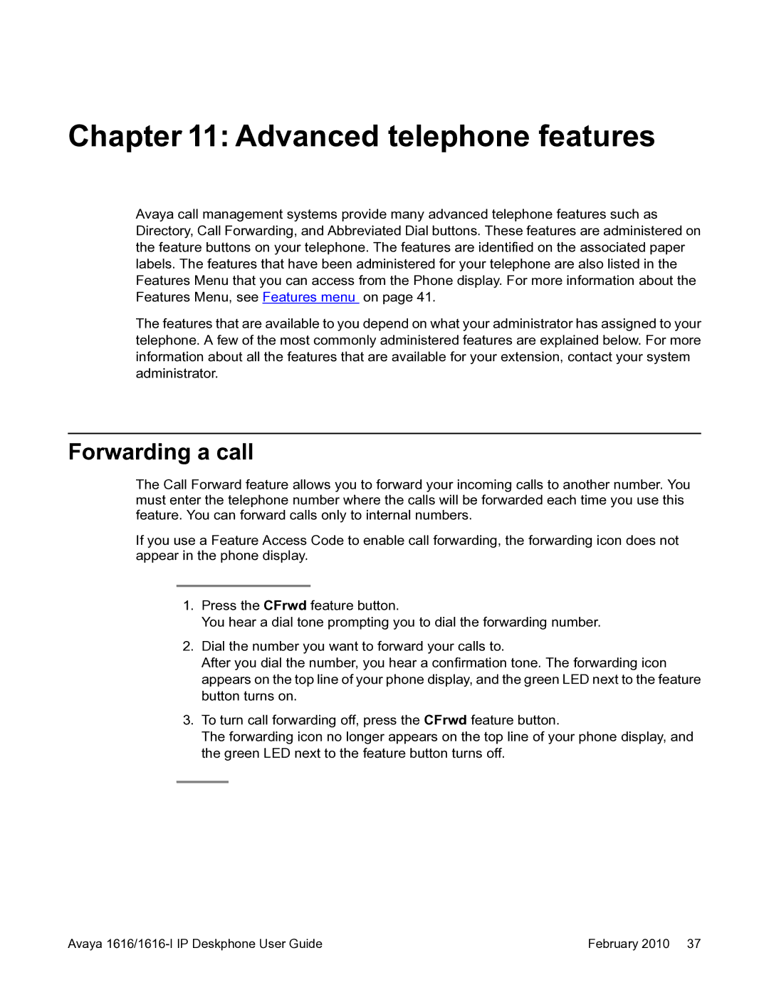 Avaya 1616-I manual Advanced telephone features, Forwarding a call 