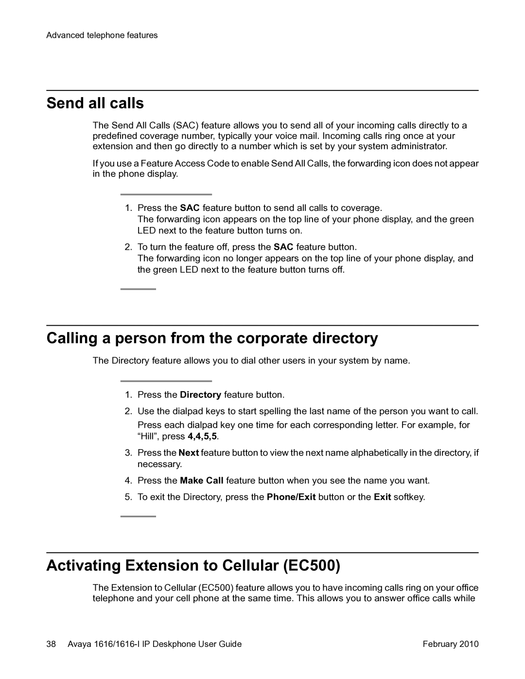 Avaya 1616-I Send all calls, Calling a person from the corporate directory, Activating Extension to Cellular EC500 