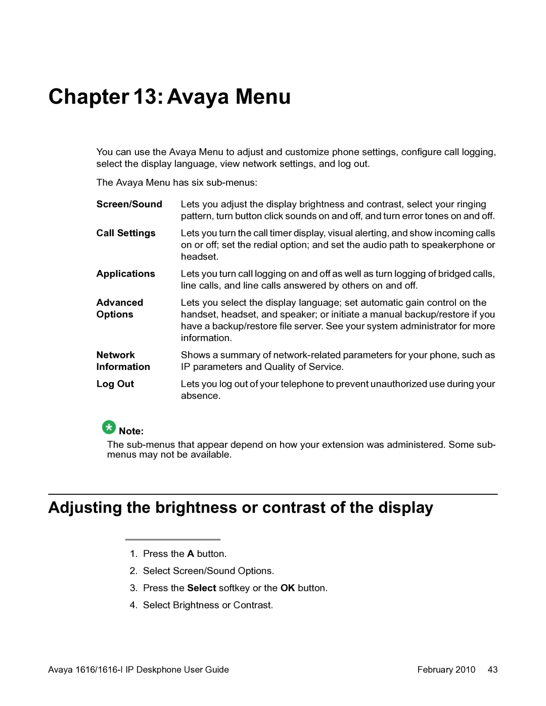 Avaya 1616-I manual Avaya Menu, Adjusting the brightness or contrast of the display 