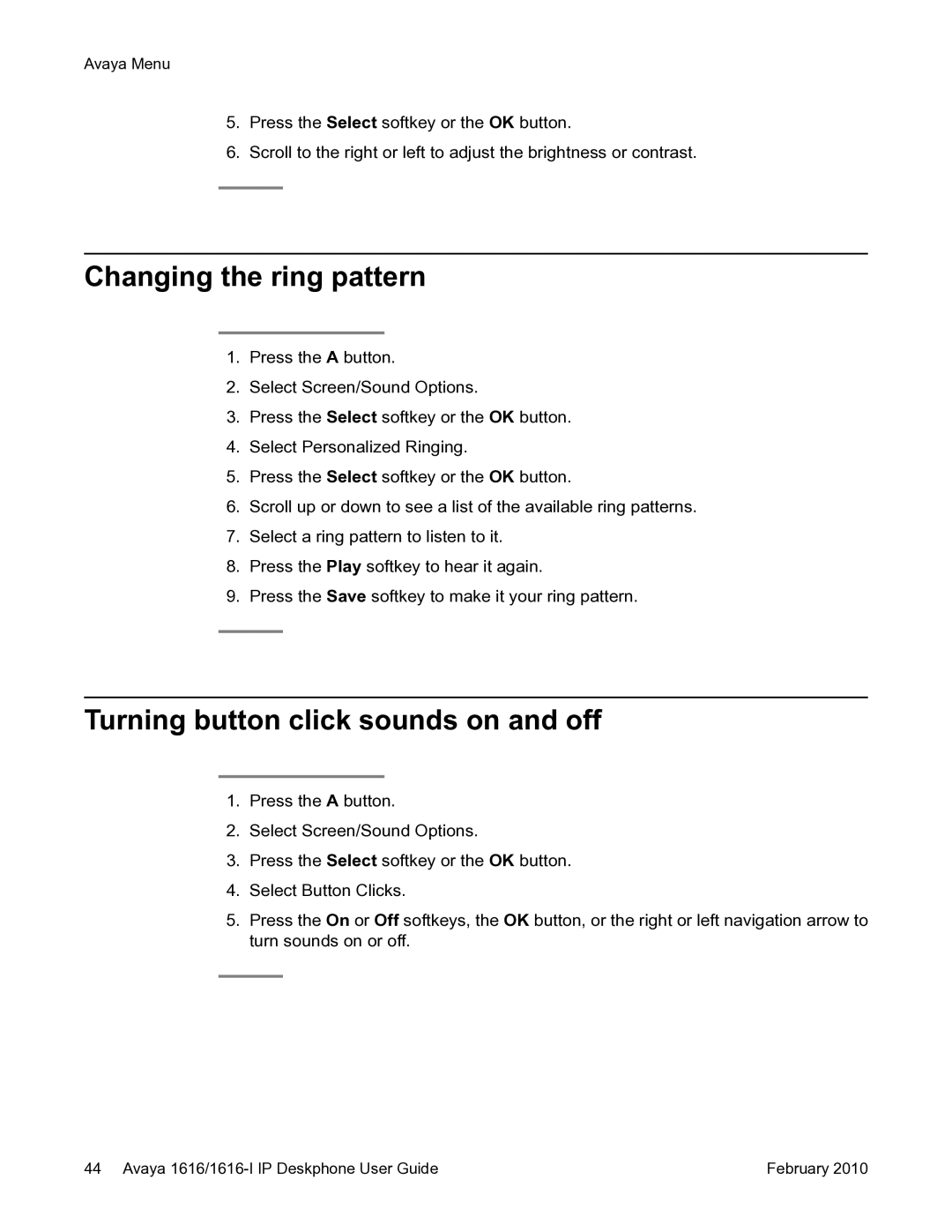 Avaya 1616-I manual Changing the ring pattern, Turning button click sounds on and off 