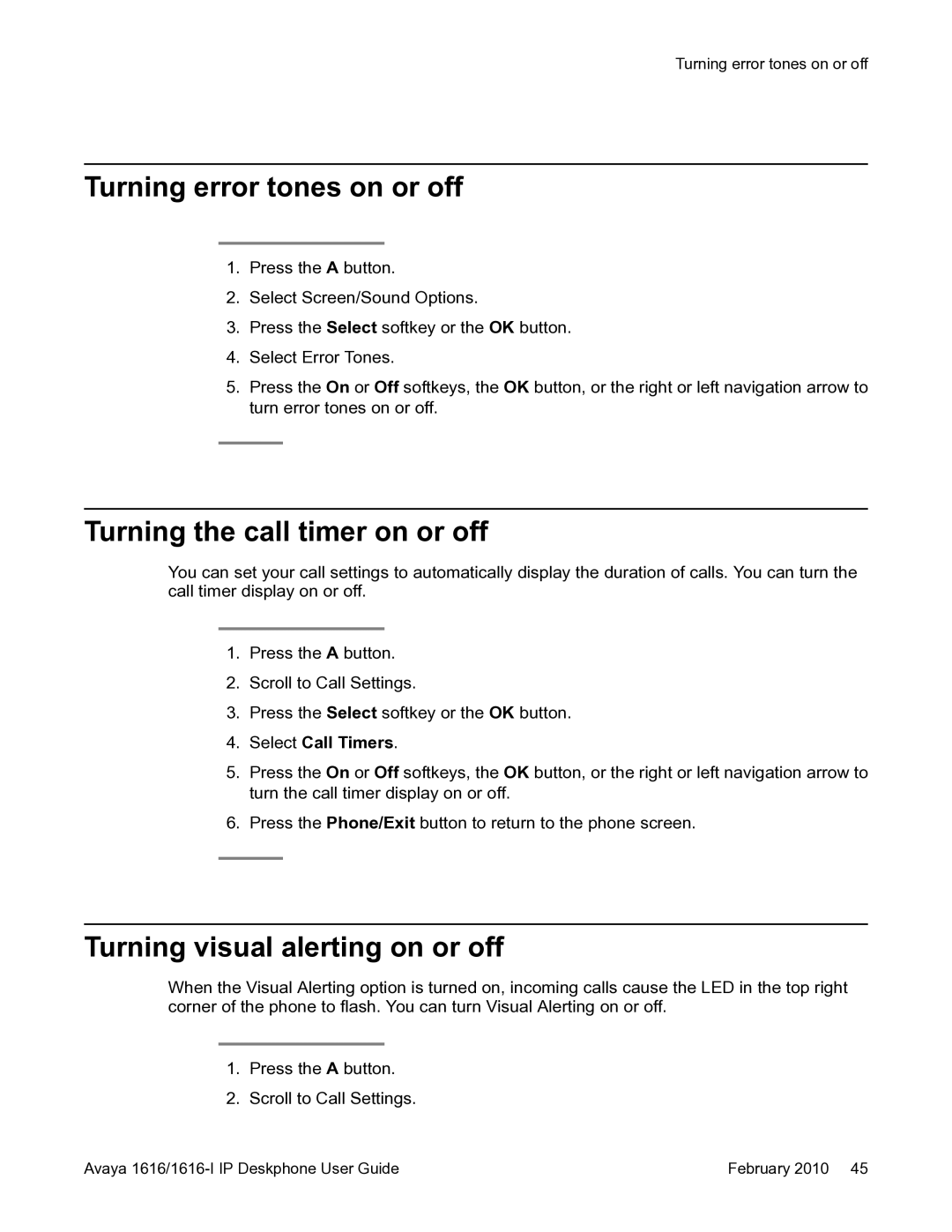 Avaya 1616-I manual Turning error tones on or off, Turning the call timer on or off, Turning visual alerting on or off 