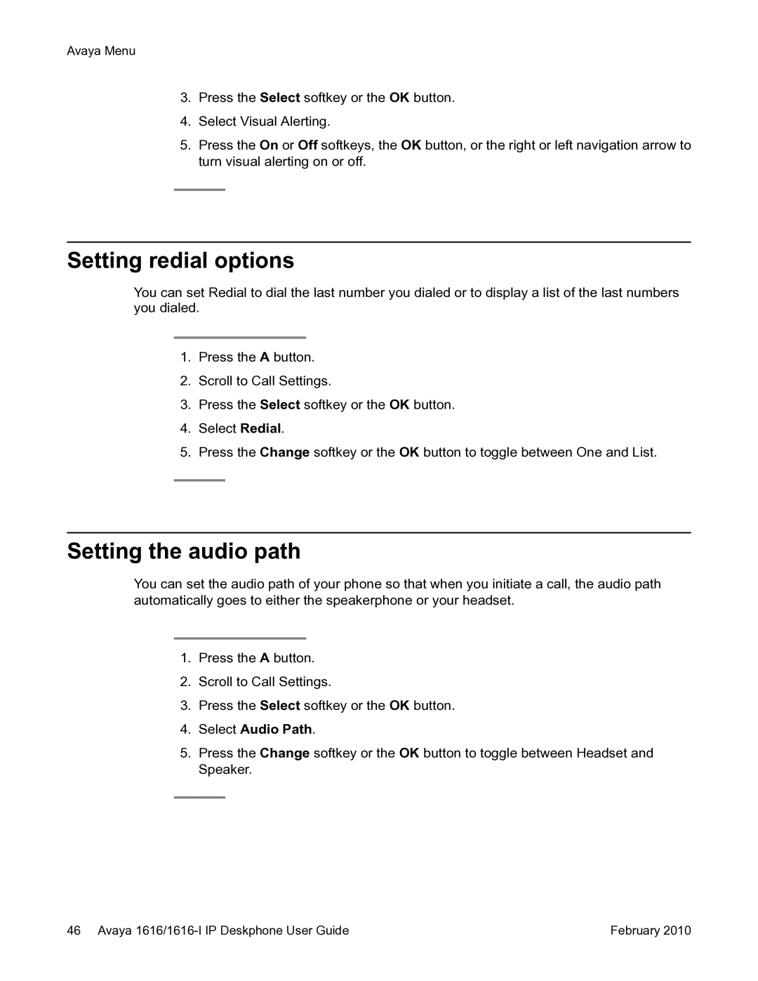 Avaya 1616-I manual Setting redial options, Setting the audio path, Select Audio Path 