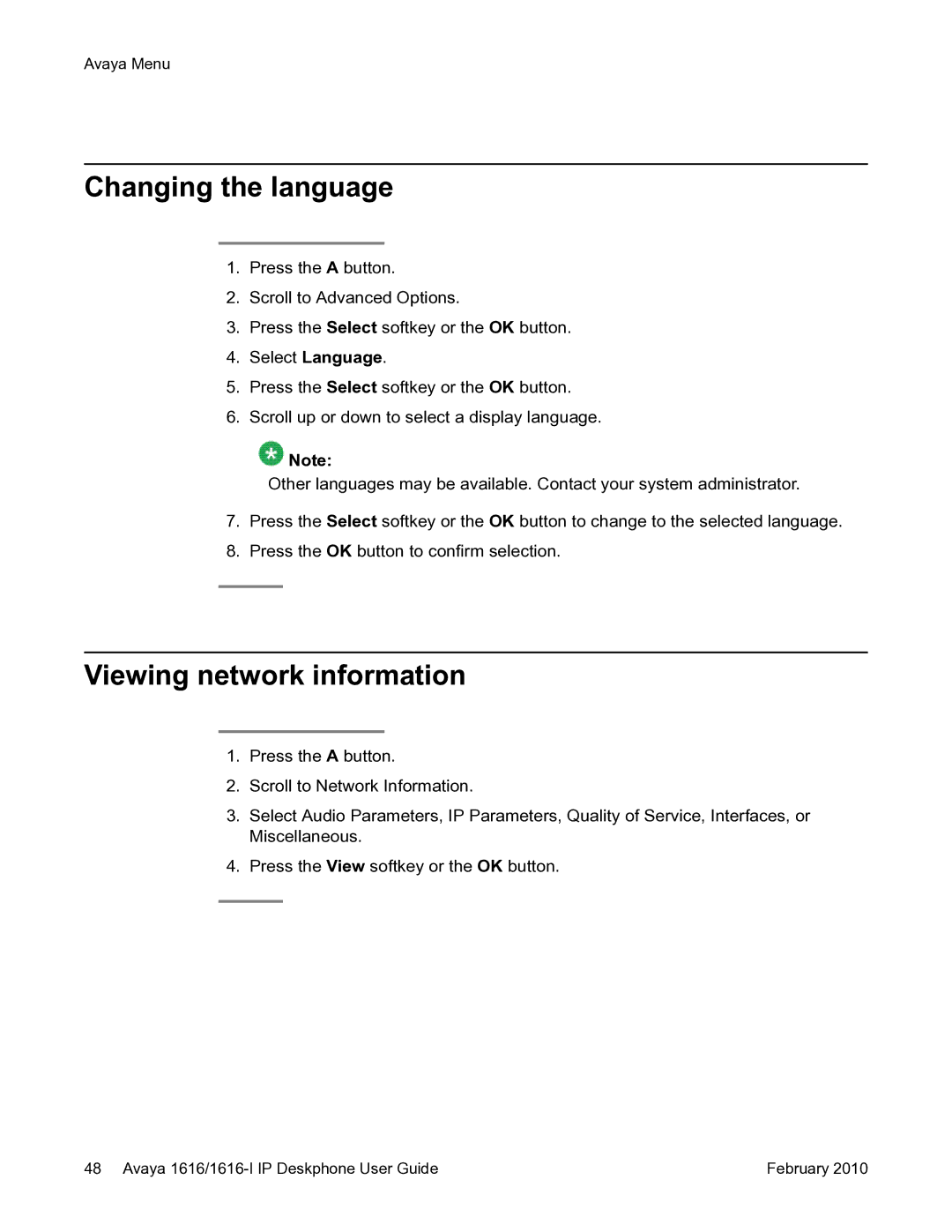 Avaya 1616-I manual Changing the language, Viewing network information 