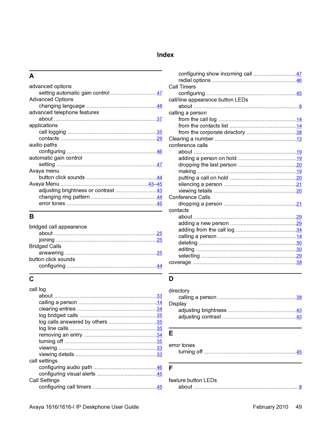 Avaya 1616-I manual Index 