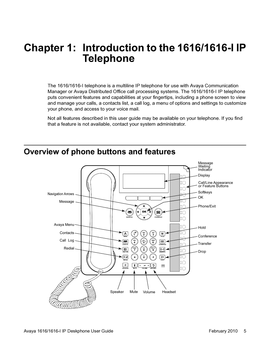 Avaya manual Introduction to the 1616/1616-I IP Telephone, Overview of phone buttons and features 