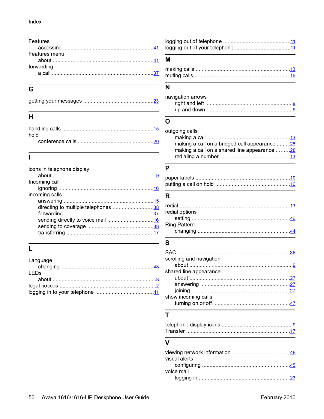 Avaya 1616-I manual Index Features 