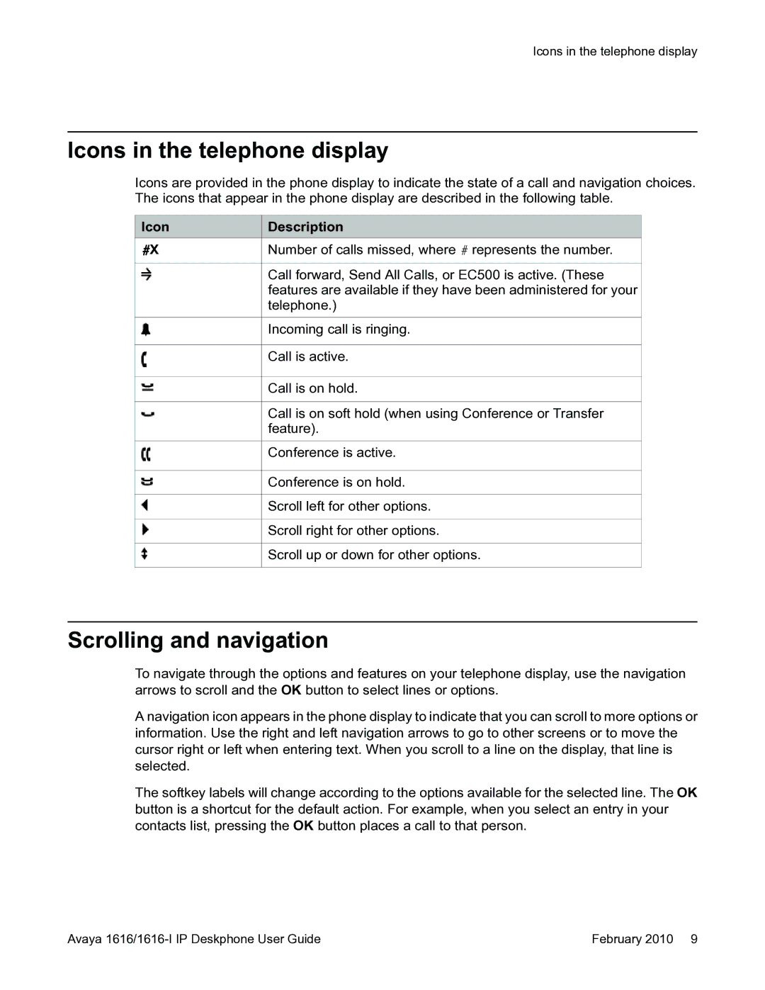 Avaya 1616-I manual Icons in the telephone display, Scrolling and navigation, Icon Description 