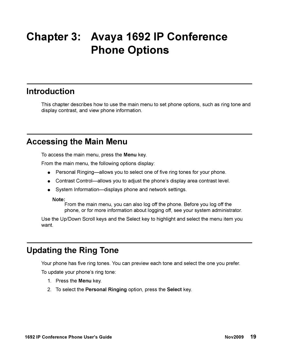 Avaya manual Avaya 1692 IP Conference Phone Options, Accessing the Main Menu, Updating the Ring Tone 