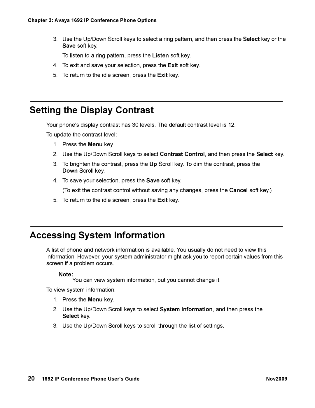 Avaya 1692 IP manual Setting the Display Contrast, Accessing System Information 