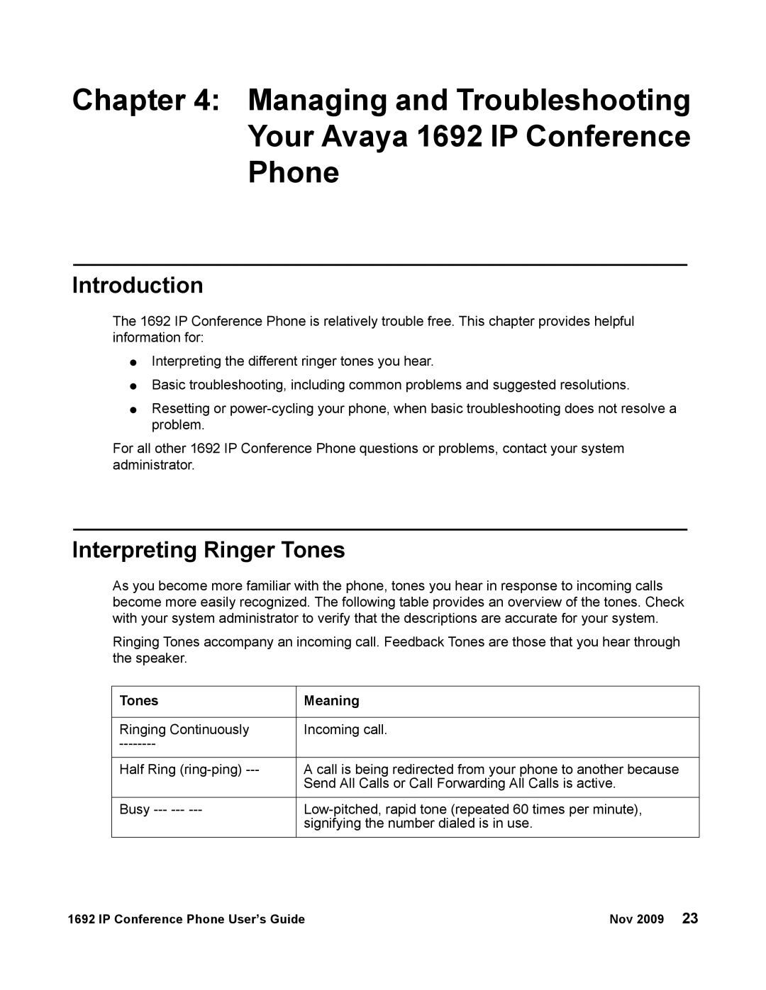 Avaya 1692 IP manual Interpreting Ringer Tones, Tones Meaning 